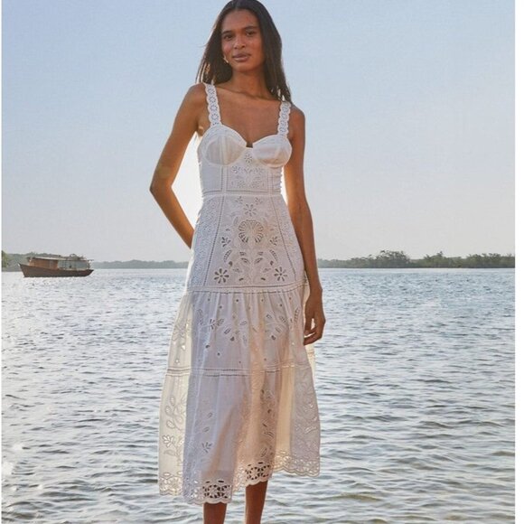 FARM Rio Midi Dress XL White Richelieu Broderie Anglaise Sundress Bustier Corset - Picture 2 of 16
